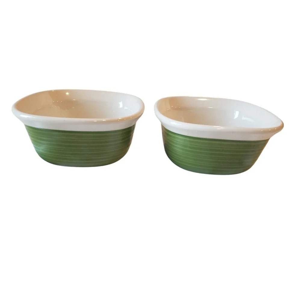 2‎ Corning Ware ETCH Green 7oz Baking Dishes Stoneware EUC